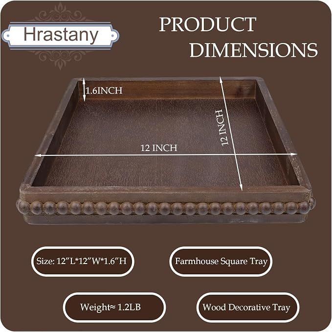 Hrastany Square Wood Decorative Tray, Rustic Coffee Table Serving Tray - Image 3
