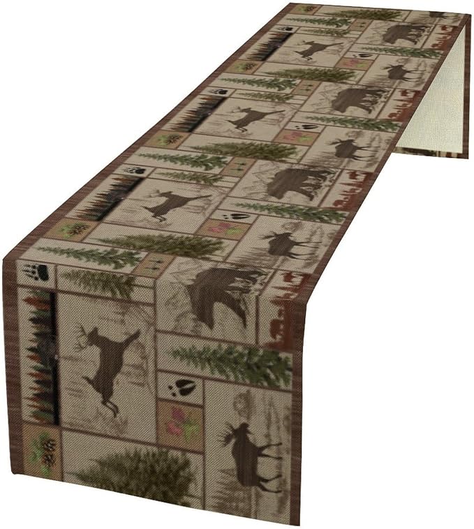 Rustic Moose Deer Bear Table Runner, Retro Vintage Bear Cottage Country Style by Yearn+Jear