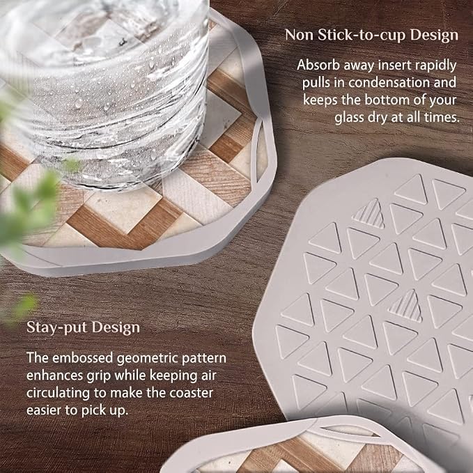 UMIRRO Absorbent Felt & Silicone Drink Coasters Set of 4, Wood-Look Mosaic | - Image 5