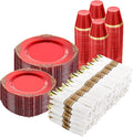 700 Piece Red Dinnerware Set for 100 Guests | Includes: 200 Gold Rim Plastic by GoodLuck
