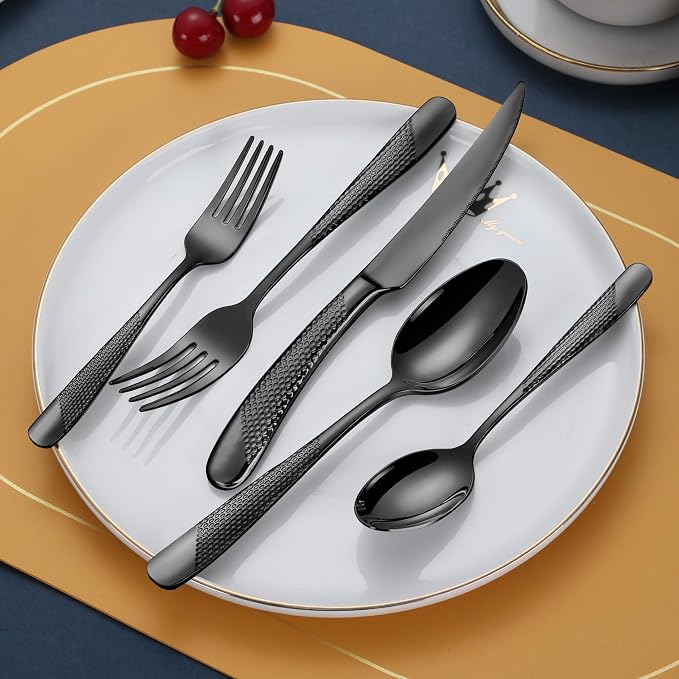 Hammered 30-Pieces Set Black Silverware Set - Image 3