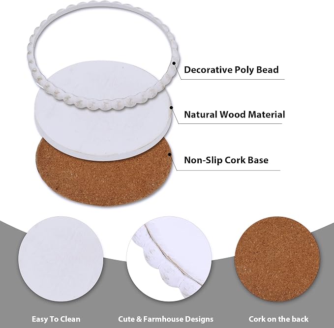 GENMOUS 6 Pack Farmhouse Wooden Bead Coasters - Image 4