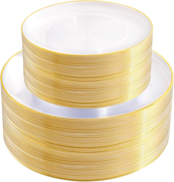 PULOTE 100PCS Clear and Gold Plastic Plates by PULOTEpartywareWesupplyproductsandyouenjoylife