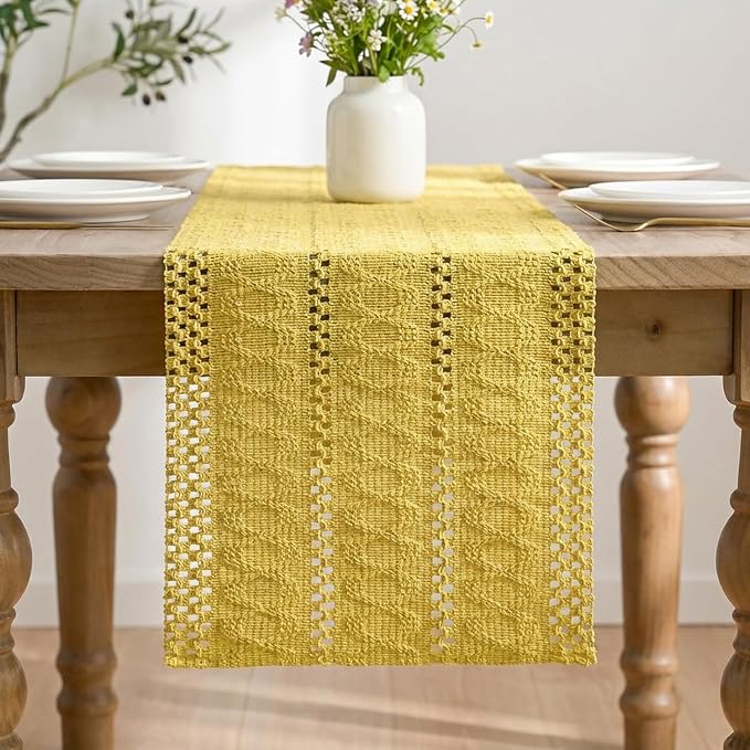 Artoid Mode Yellow Woven Farmhouse Hollow Table Runner 12x36 Inch | Holiday - Image 3