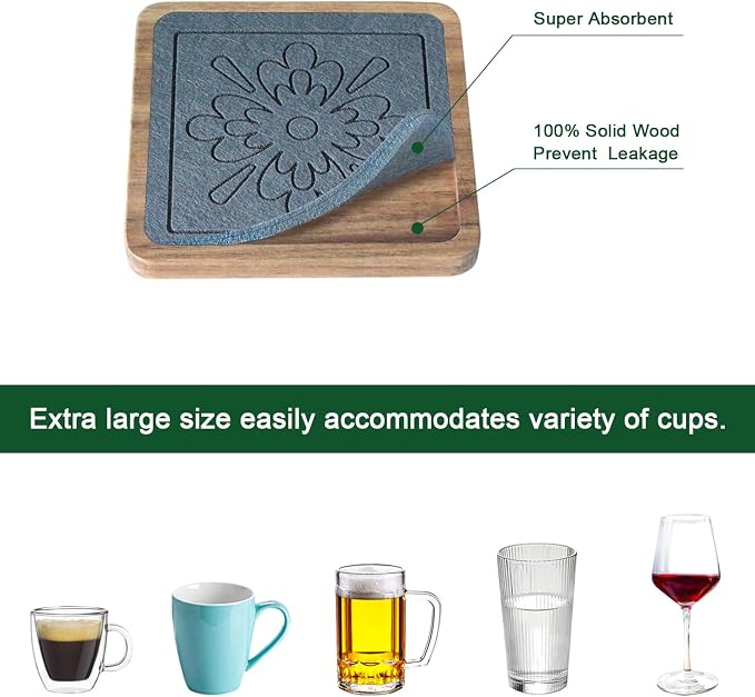 Square Coasters for Drinks, Absorbent Coaster Sets of 5, Wood Drinks Coasters - Image 5