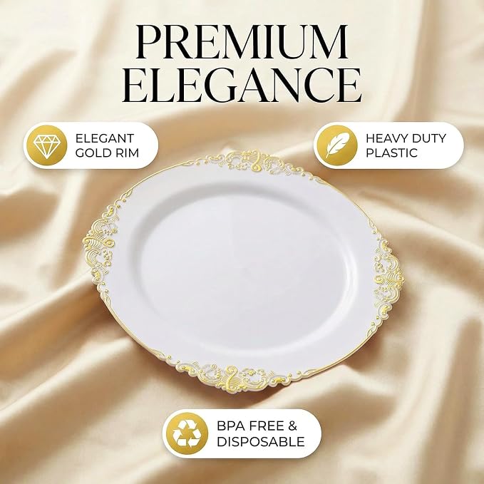 25 Pack 7.5 Inch golden Rim Plastic Plates, Heavy Duty Disposable White Dessert - Image 2