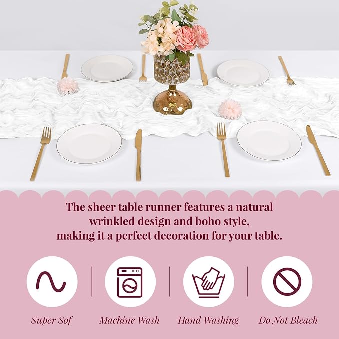 3 Pack White Cheesecloth Table Runner, 17 x 108 Inch, Gauze Cheese Cloth Table - Image 5
