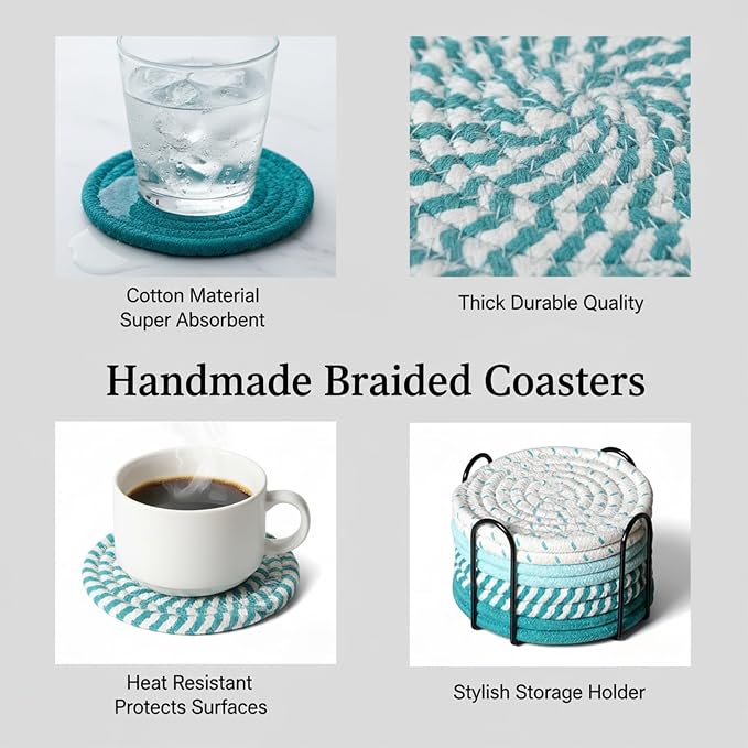 Drink Coasters Set of 8 with Holder, Cotton Woven | Absorbent cotton woven - Image 5