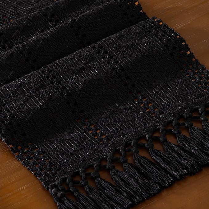 DeZerlor Black Boho Macrame Farmhouse Woven Table Runner 72Inch | Cotton Linen - Image 2