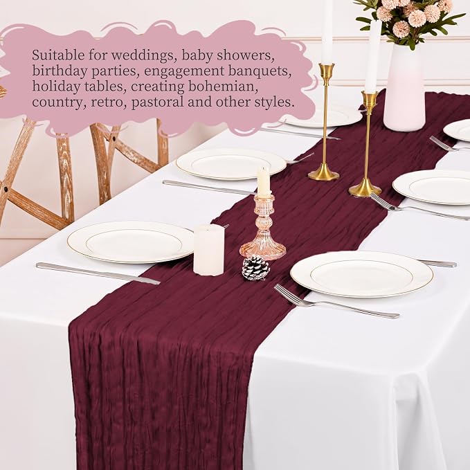 4 Pack Burgundy Table Runner 17 x 108inch Cheesecloth Table Runner Boho Gauze - Image 4