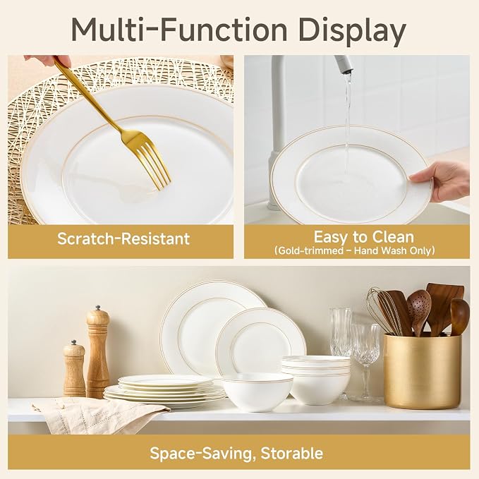 24Pcs Gold Trim White Bone China Set, Service - Image 7