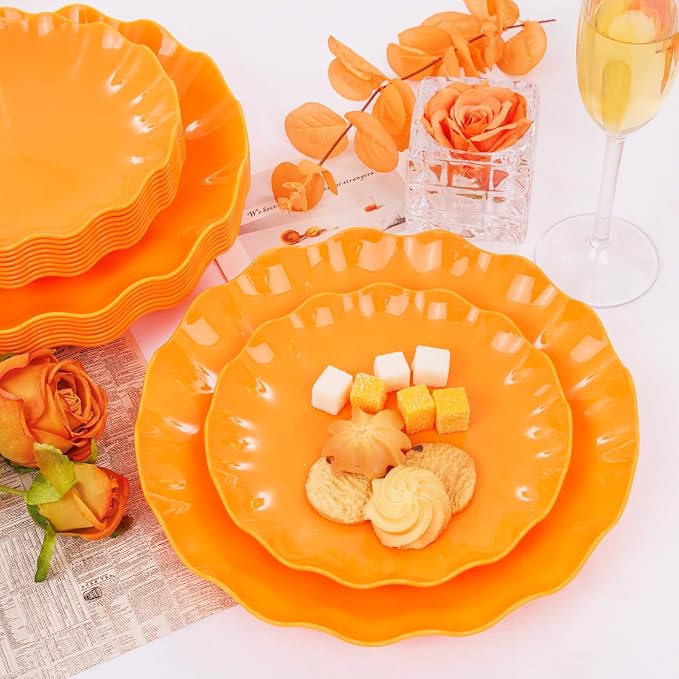 LIYH 24Pcs Orange Plastic Plates Reusable, Dinner And Salad Set - Image 2