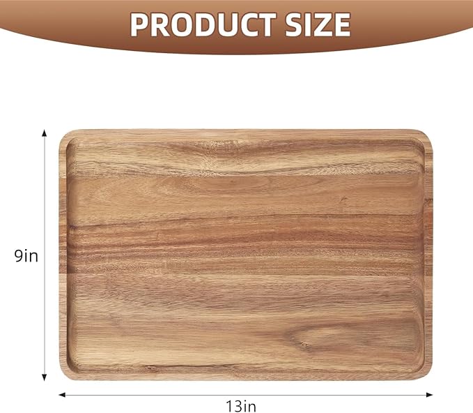 2 PCS Solid Acacia Wood Serving Trays 13 * 9 inch Rectangular Wooden Serving - Image 2