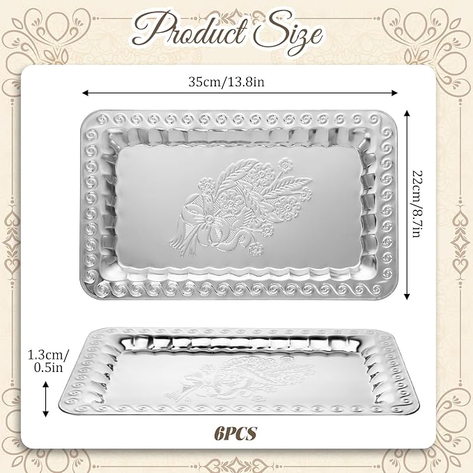 6 Pcs Silver Serving Trays, 13.8" x 8.7" Stainless Steel Rectangle Serving Tray - Image 2