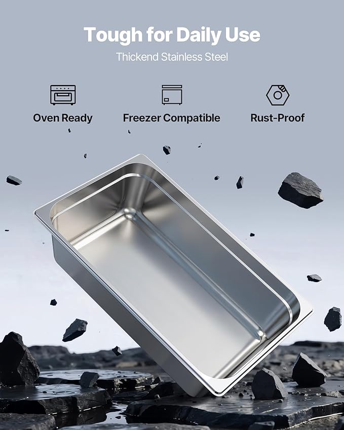 VEVOR Full Size Stainless Steam Hotel Pan, 6 Inch Deep 20.87 x 12.87 inch Table - Image 2
