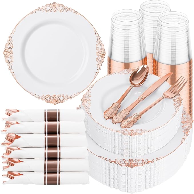 350 Pcs Rose Gold Plates for Party | Elegant Dinnerware for 50 Guests, Includes by Hioasis