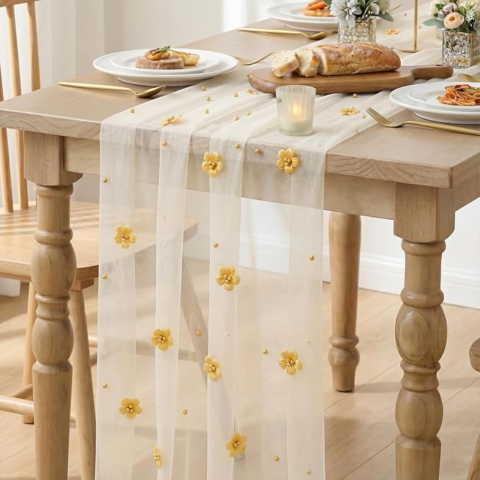 Artoid Mode Yellow Flower Pearl White Gauze Table Runner 10FT, Seasonal Sheer - Image 3