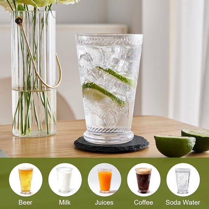 6 Pack Embossed Vintage Mixed Drinking Glasses, 12 Oz & 9 Oz Glasses | Embossed - Image 5