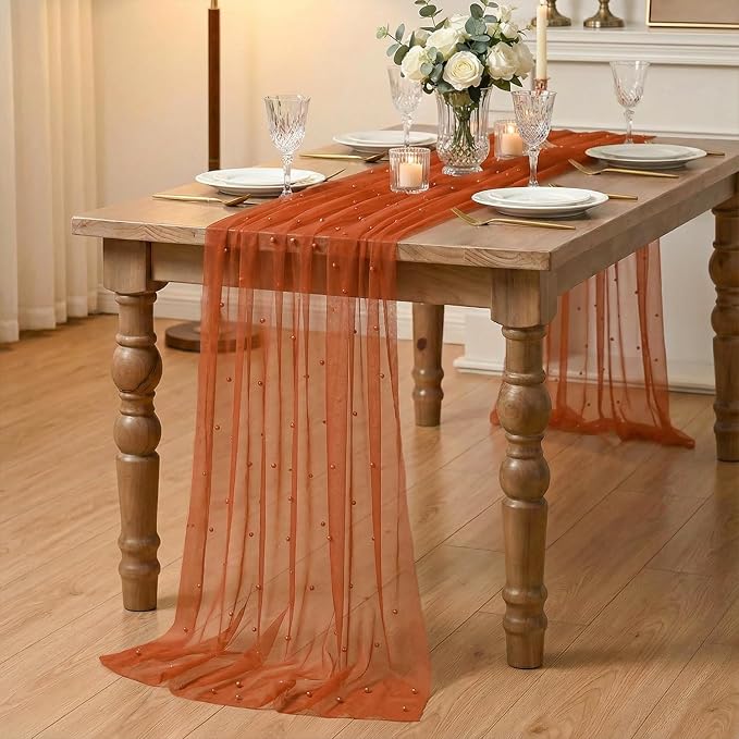 Artoid Mode Pearl Terrcotta Gauze Table Runner 120 Inch 10FT, Seasonal Sheer - Image 6