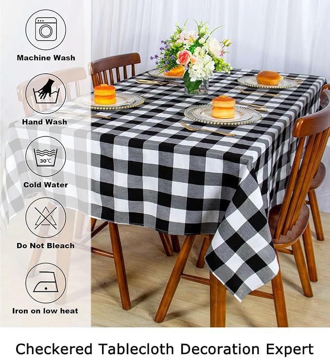 ShinyBeauty 60"x120" Black & White Checkered Tablecloth | Cotton Farmhouse - Image 6