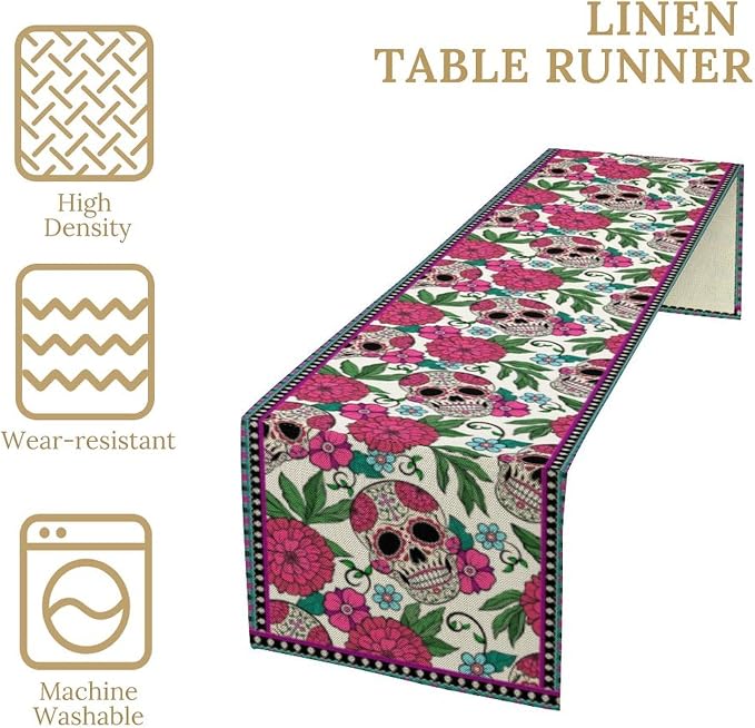 Dia De Los Muertos Table Runner Red Floral Cinco De Mayo Rustic Linen Mexican - Image 6