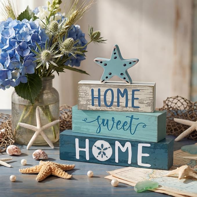 Cinnvoice 4 Pcs Beach Summer Starfish Wooden Block Decor Coastal Farmhouse - Image 2