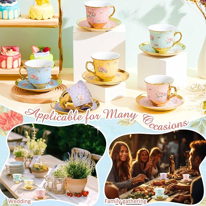Teenyyou Set of 12 Tea Cups and Saucers Tea Party Decorations Floral Porcelain - Image 4