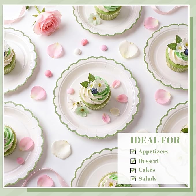NatNarr 30 Pk Sage Green Plates 7" Scalloped Green White Dessert Cake Plate | - Image 4