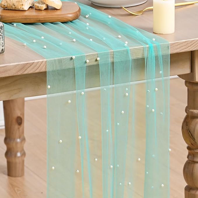 Artoid Mode 6PCS Pearl Turquoise Gauze Table Runner 120 Inch 10FT, Seasonal by ArtoidMode