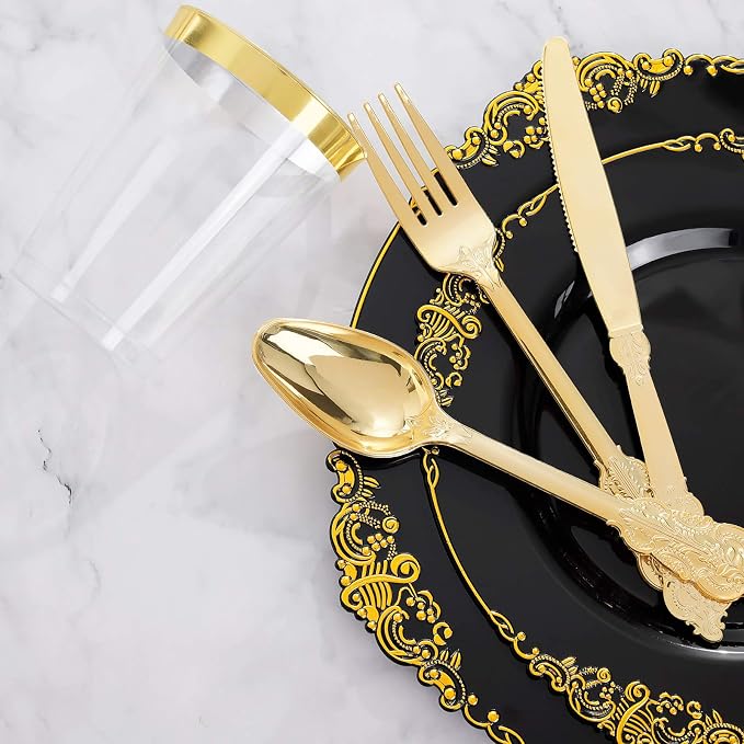 175 Pcs Black Gold Plates for Graduation | Black Party Plates Set for 25 Guests - Image 7