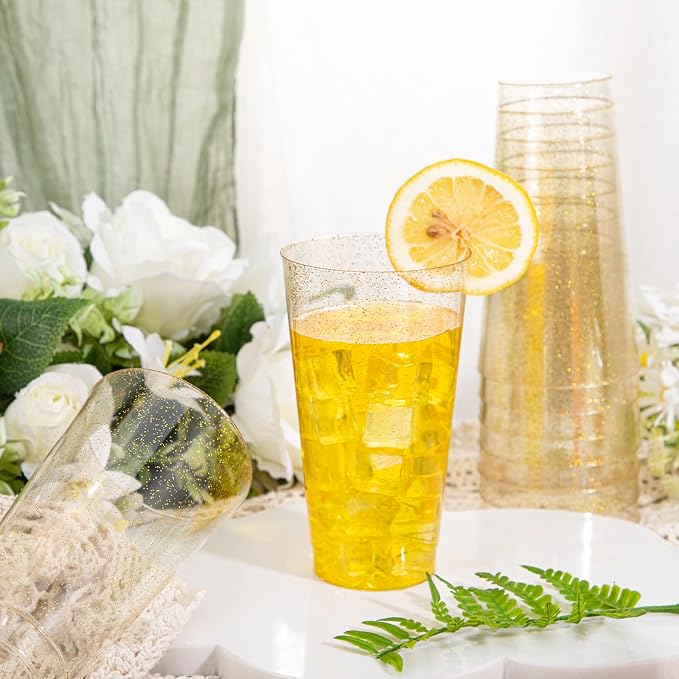 I00000 16 oz Gold Plastic Cups, 50 Pack Gold Glitter Plastic Cups Tumblers - Image 2