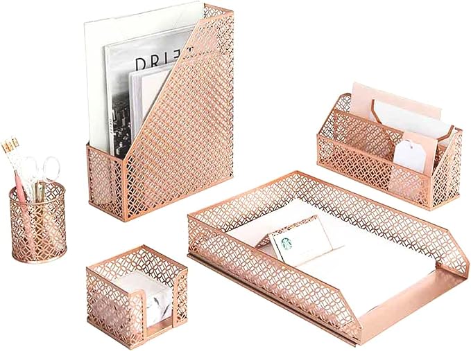 BLU MONACO | Rose Gold Desk Organizer Set | 6 Piece Metal Office Desk Organizer by Blu_Monaco