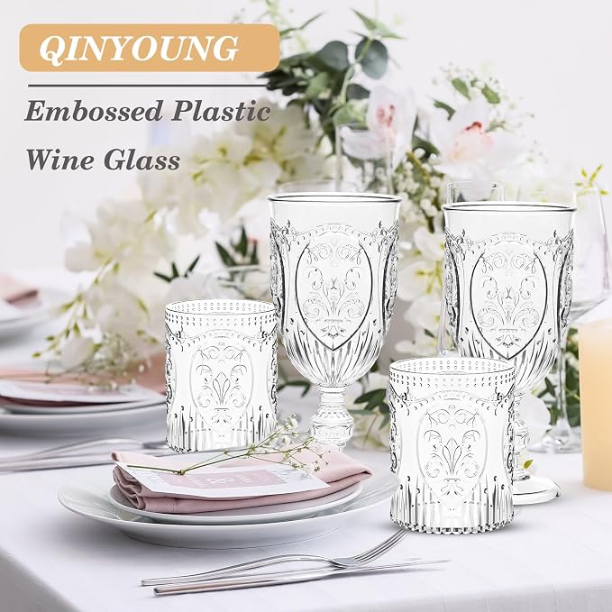 Qinyoung 12 Plastic Vintage Drinking Glasses 8.5oz Stemless Retro Embossed Wine - Image 7