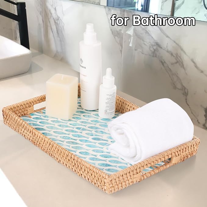 Rectangle Rattan Tray with Mother of Pearl Inlay, Rattan Serving Tray with - Image 7