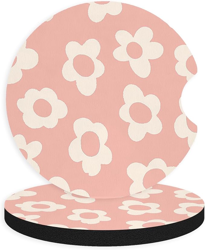 2pcs Pink and White Flowers Car Coasters, Absorbent Universal neoprener Cup by Unknown