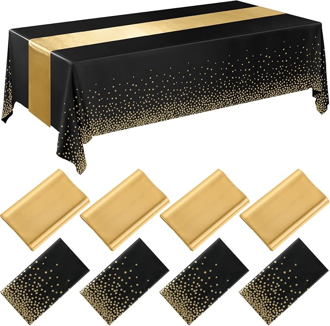 8 Pack New Year Black and Gold Disposable Plastic Tablecloths and Satin Table by Breling