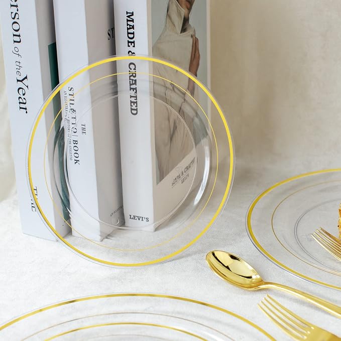 60 Pcs Clear Gold Plastic Plates, Premium Disposable Party Plates | Clear and - Image 4