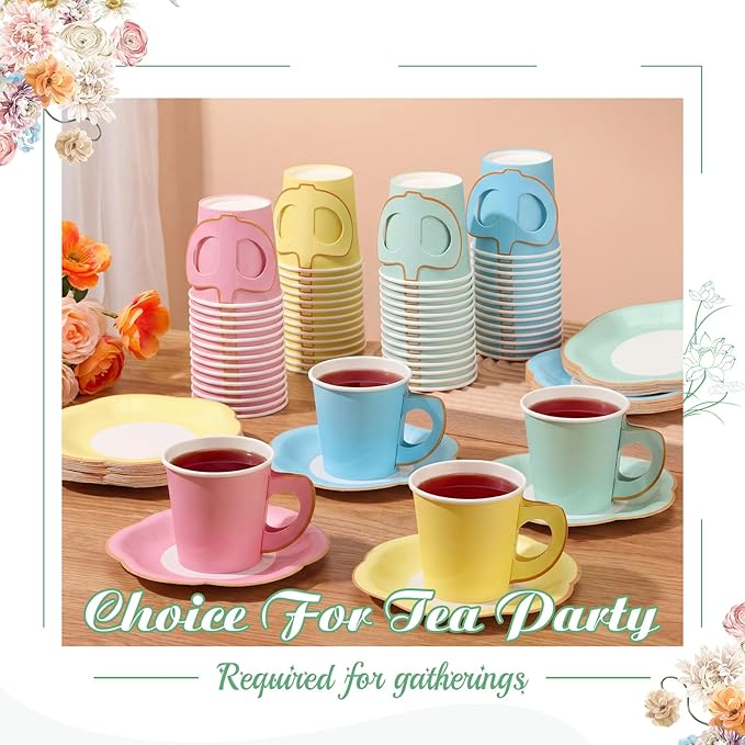 Umigy 60 Sets Pastel Tea Party Decorations 6.5 oz Paper Teacups & Saucer Set - Image 4