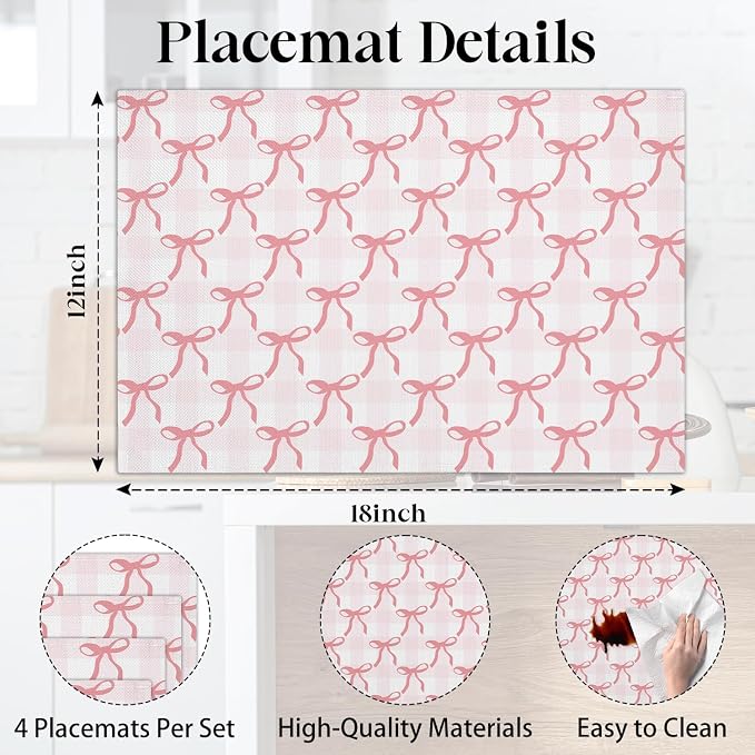 Pink Plaid Bow Placemats Set of 4, Washable Heat Resistant Placemats Kitchen - Image 2