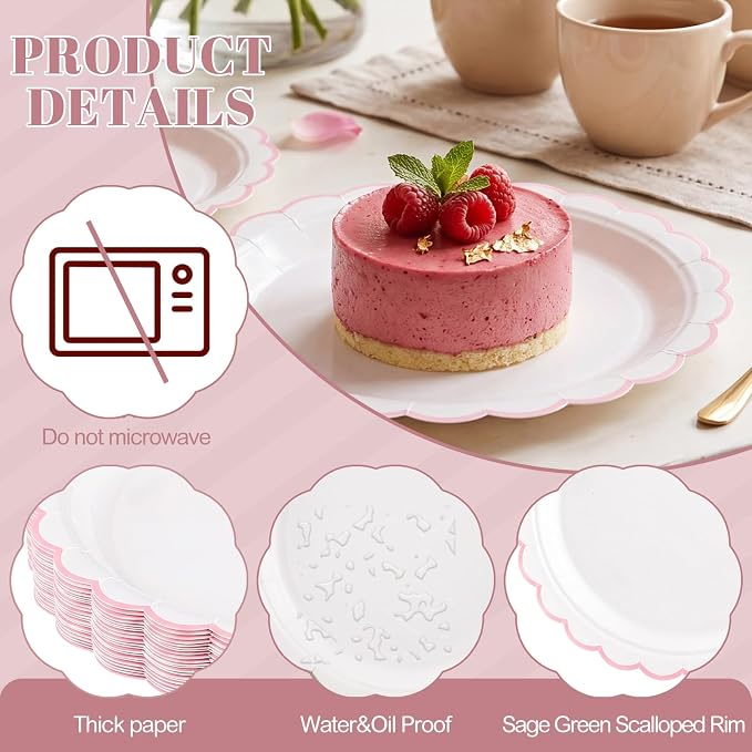 NatNarr 30 Pk Pink Paper Plates 9" Scalloped Pink White Party Plates | Cute - Image 3