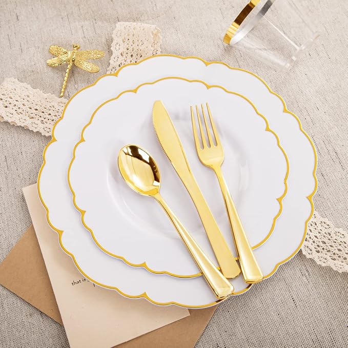 Morejoy 175PCS Gold Plastic Plates，White Gold Disposable Plates Sets | Include - Image 5