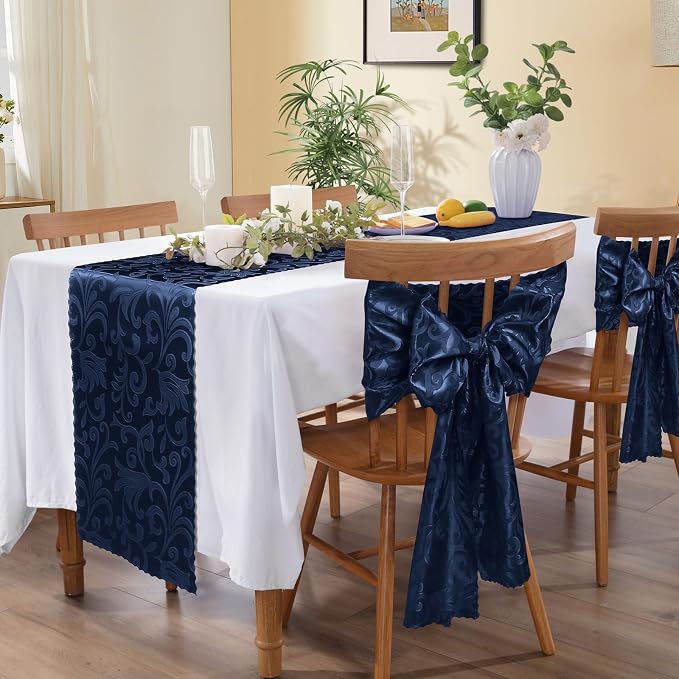 MILVOWOC 12 Pack Navy Blue Satin Table Runner, 12 x 72 Inch | Jacquard Damask - Image 5
