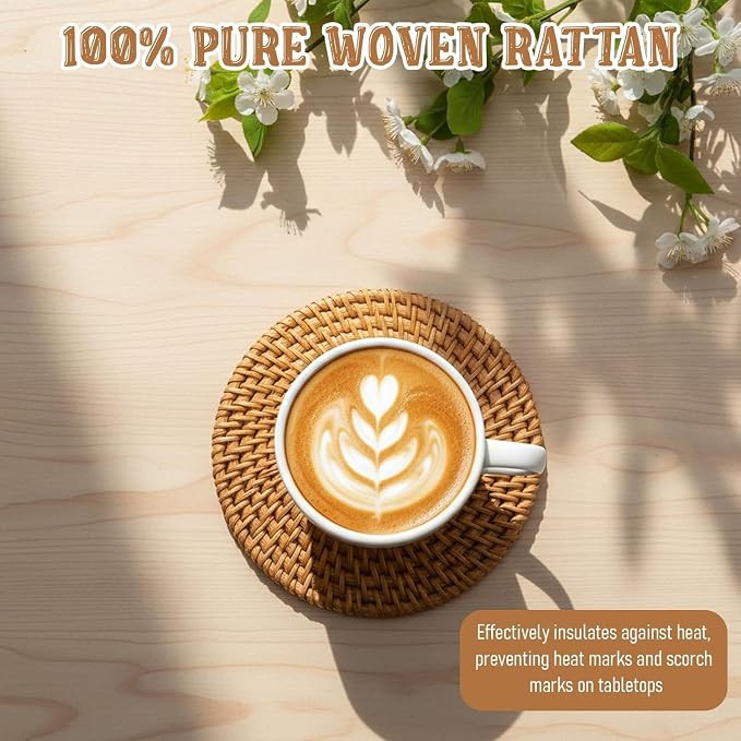 Rattan Coaster Set with Holder, Tabletop Protection, Bohemian Style Home Decor - Image 3