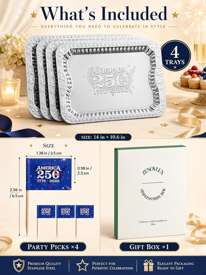 4 Pack America 250th Anniversary 1776-2026 Silver Serving Trays - Image 2