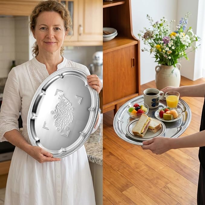 4 Pcs Silver Serving Trays Platter Tray Oval Stainless Steel 16.5 x 11.8 Inch - Image 3