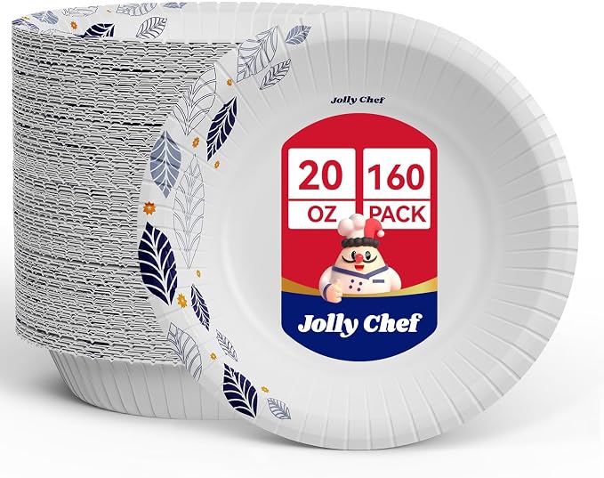 160 Count Paper Bowls 20 oz Soak Proof and Cut Proof Microwave Safe Heavy Duty by JOLLYCHEF