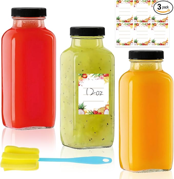 12 oz Glass Juice Bottles with Lids 3-Pack by Unknown