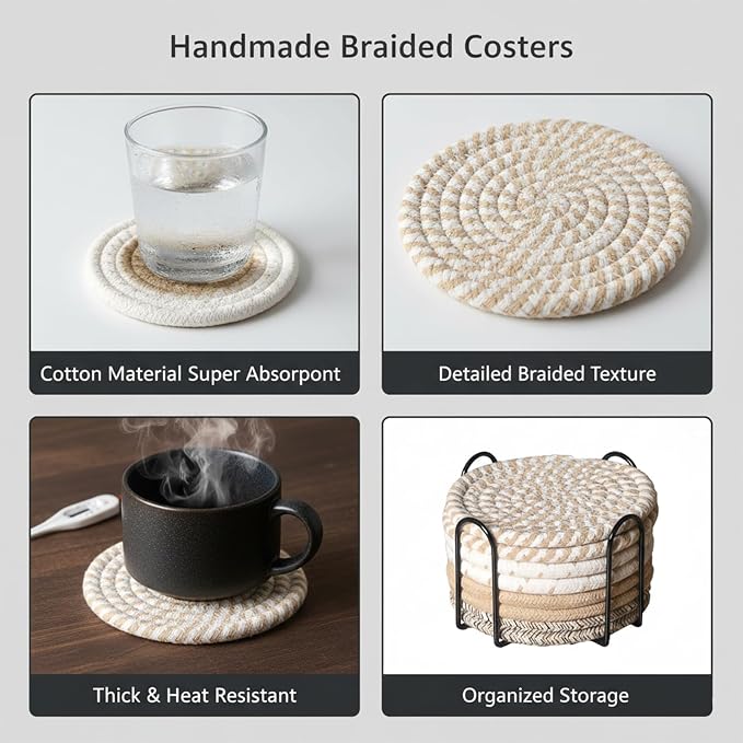 Drink Coasters Set of 8 with Holder, Cotton Woven | Absorbent cotton woven - Image 5