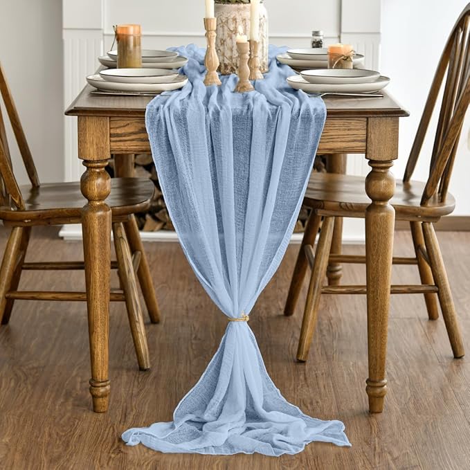 Artoid Mode Boho Cheesecloth Gauze Ice Blue Wedding Table Runner, 160 Inch - Image 2
