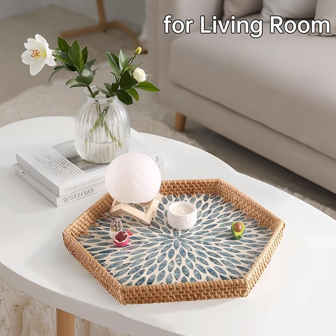 Hexagon Rattan Tray with Mother of Pearl Inlay, Rattan Serving Tray - Image 7